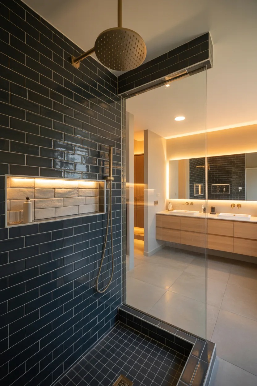 Black tiled shower with gold rainfall showerhead and built-in niche for a luxury spa bathroom look