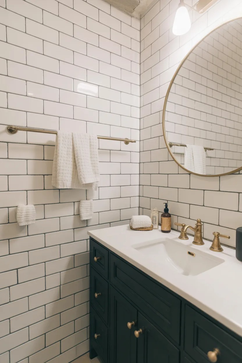 Black, white, and gold bathroom with subway tiles, black vanity, and gold fixtures for a balanced luxury look