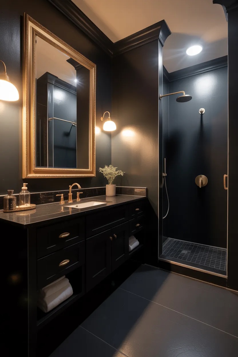 Black white and gold bathroom with subway tiles black vanity and gold fixtures