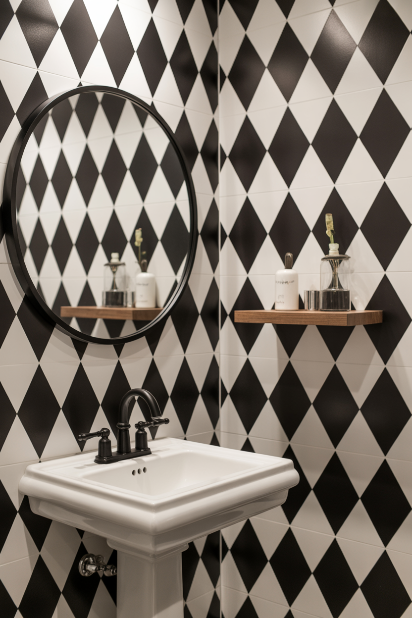Bold black and white harlequin diamond wallpaper in a modern powder room with matte black fixtures and a round mirror