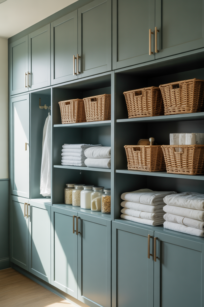 built-in blue laundry room storage wall with organized shelves