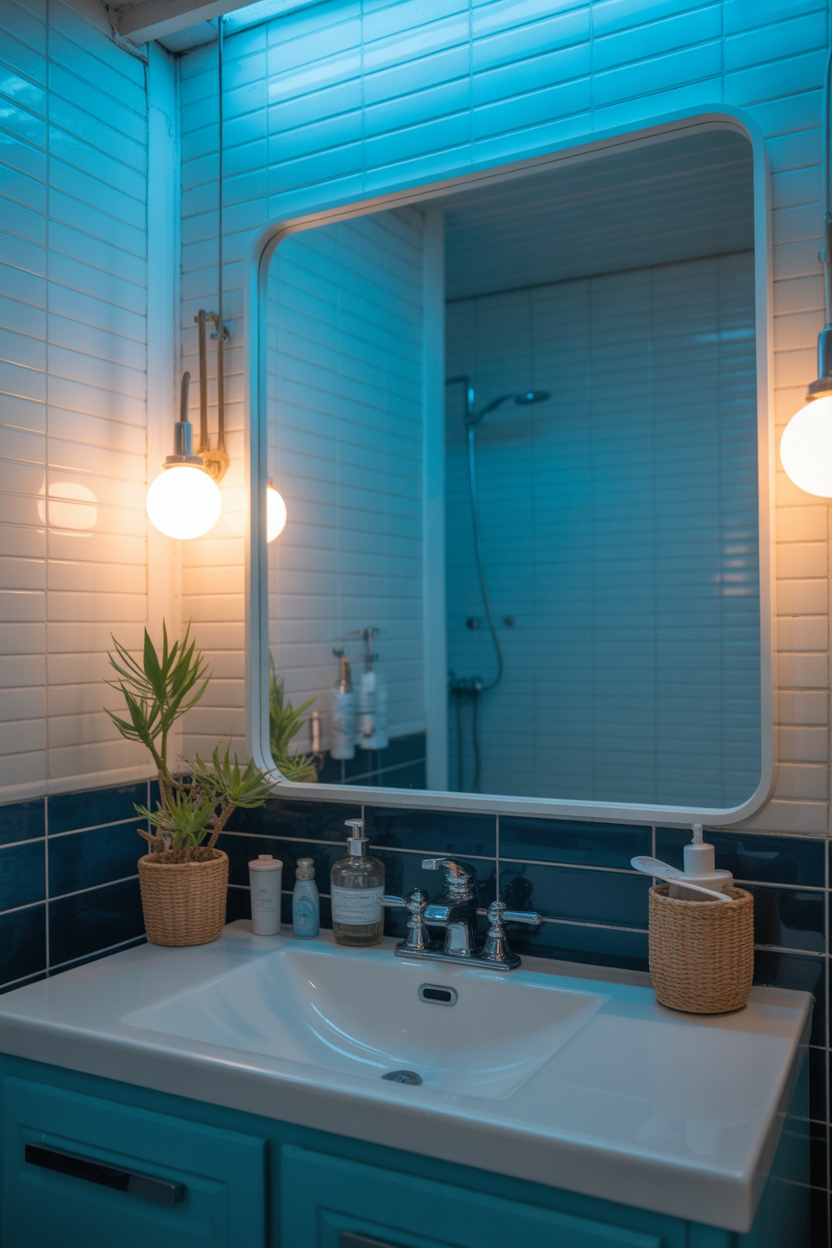 blue-tinted coastal bathroom mirror ideas with ocean vibe lighting