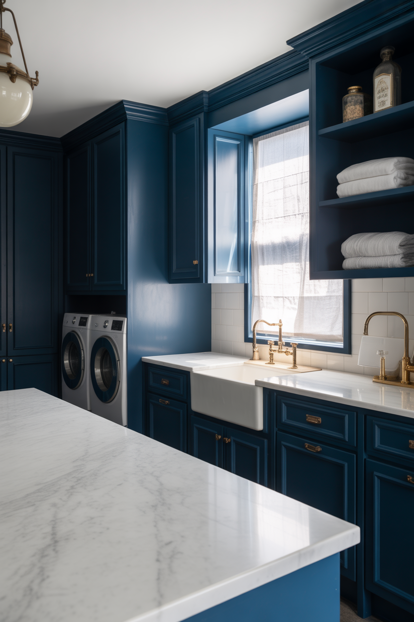 luxury blue and marble laundry room design