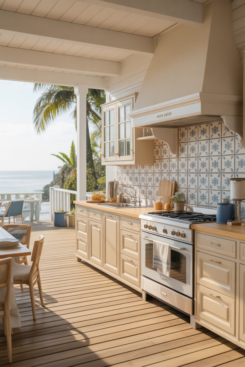 Blue and white coastal backsplash with classic beach house style