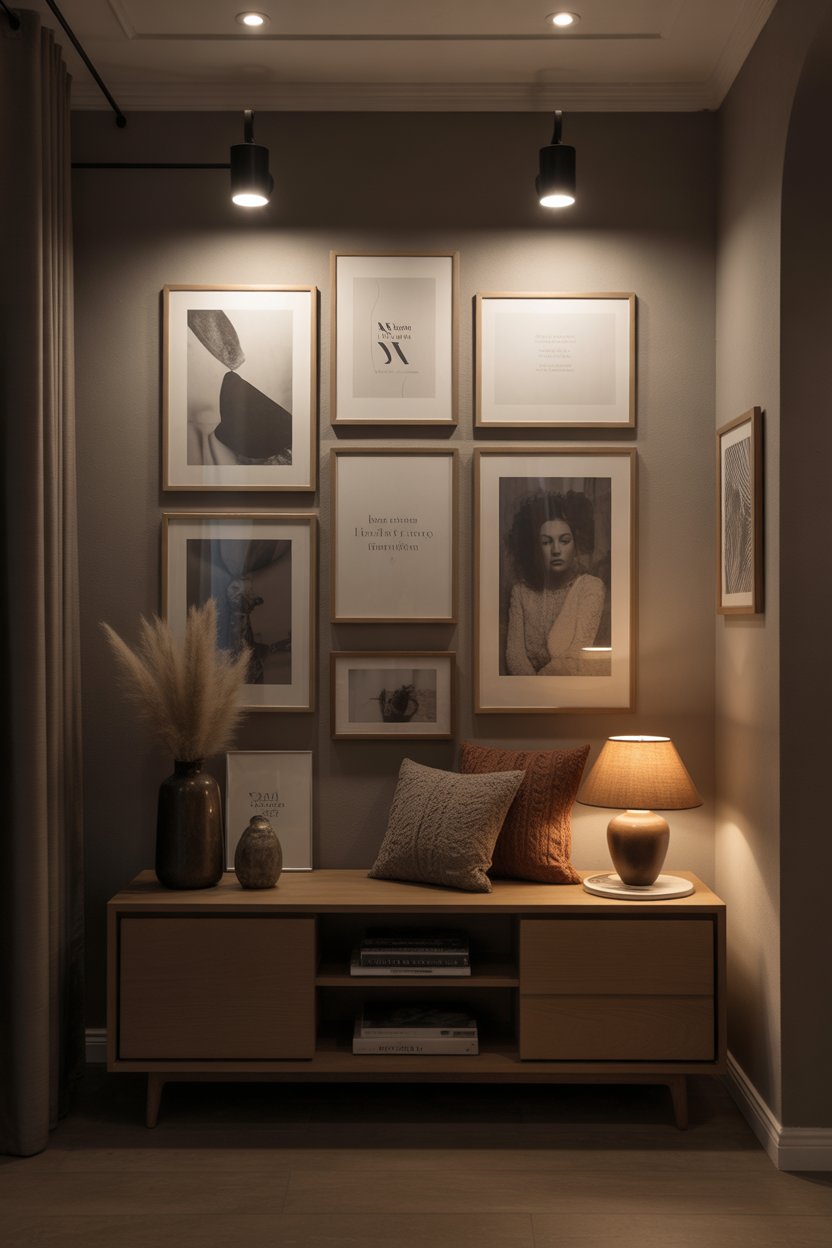 Boho gallery wall, tiny living room, mixed frames, warm tones, cozy aesthetic