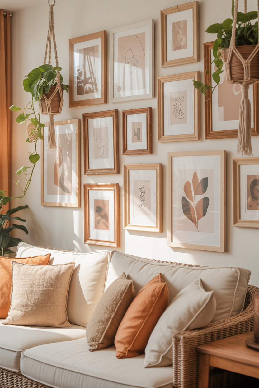 Boho gallery wall with natural frames and art in the living room