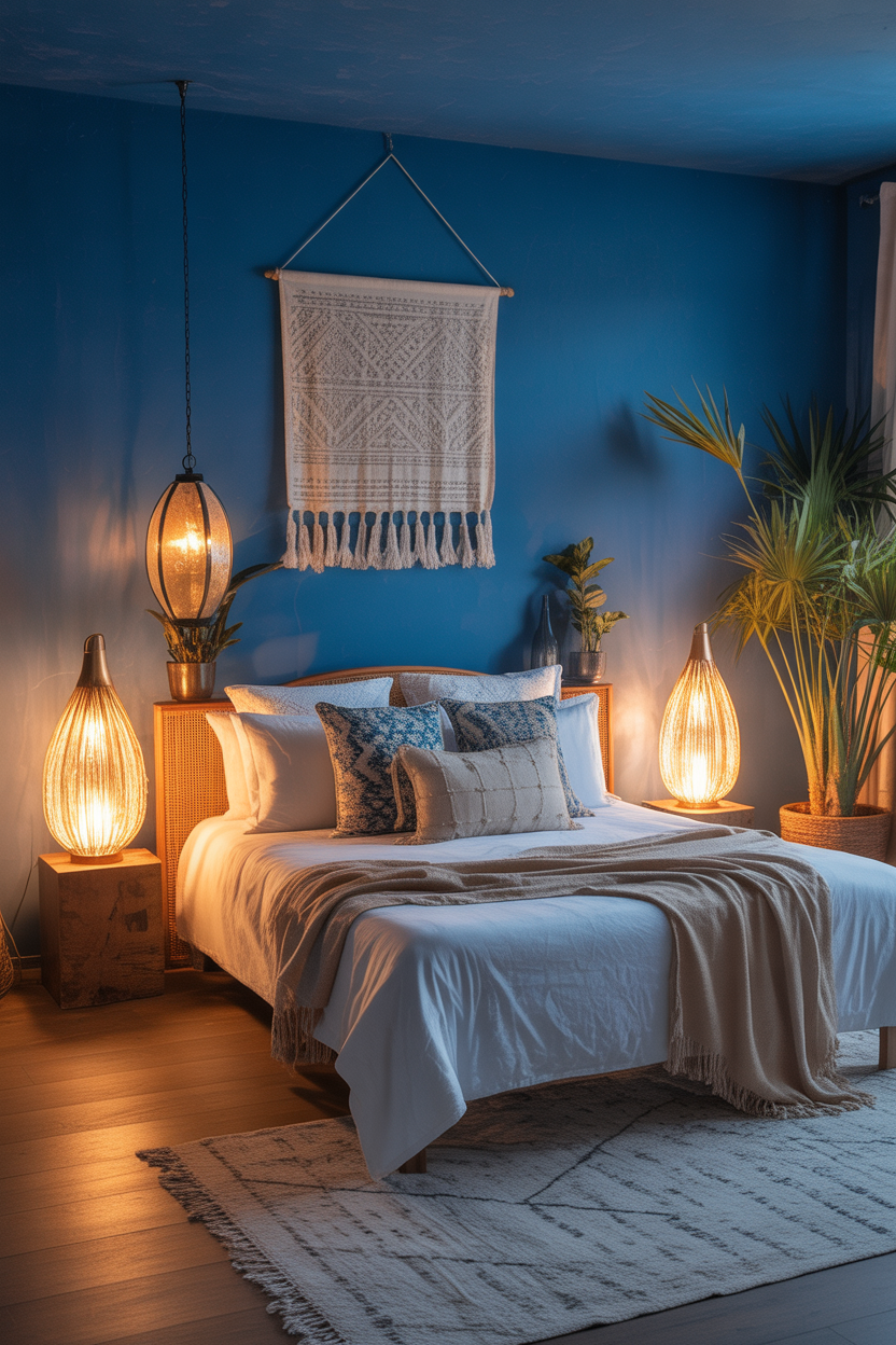 Ultra HD indigo blue guest bedroom with boho textiles, Moroccan lanterns, cozy ambient night lighting, and inviting artistic decor
