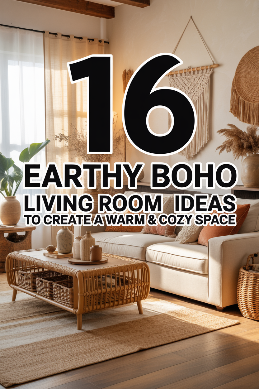 Boho living room with warm earthy style, soft textures, and a cozy inviting atmosphere