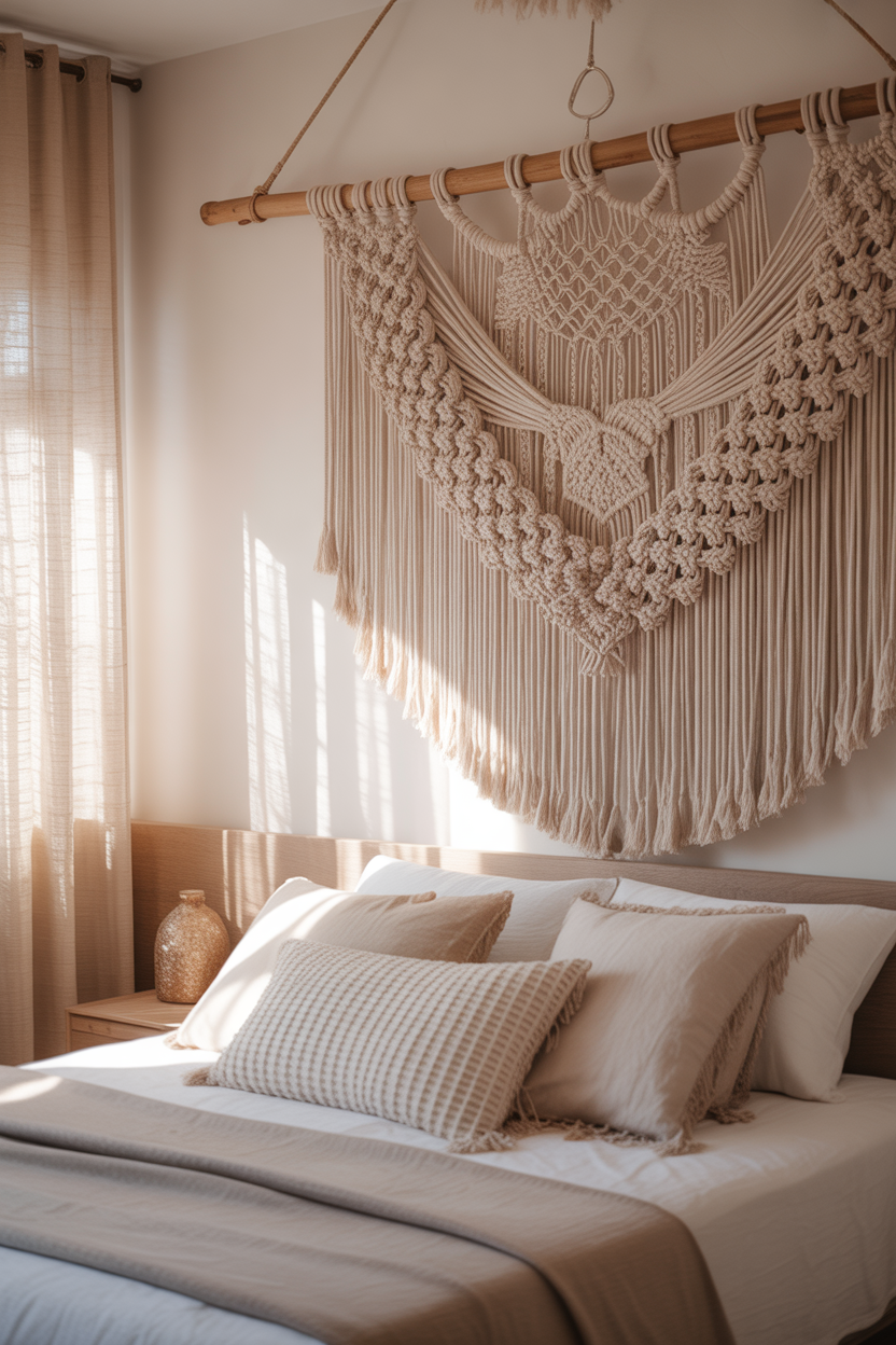 Handmade boho macrame wall hanging above the bed in a neutral aesthetic bedroom with warm natural lighting