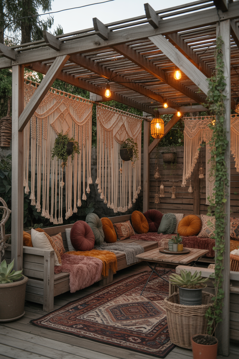 boho pergola patio ideas with macrame decor and cozy colorful seating