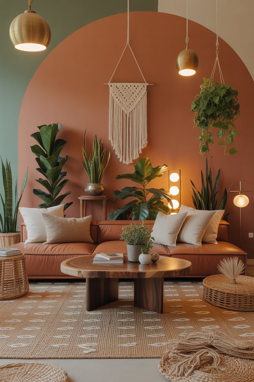 Small boho living room with indoor plants and natural aesthetic