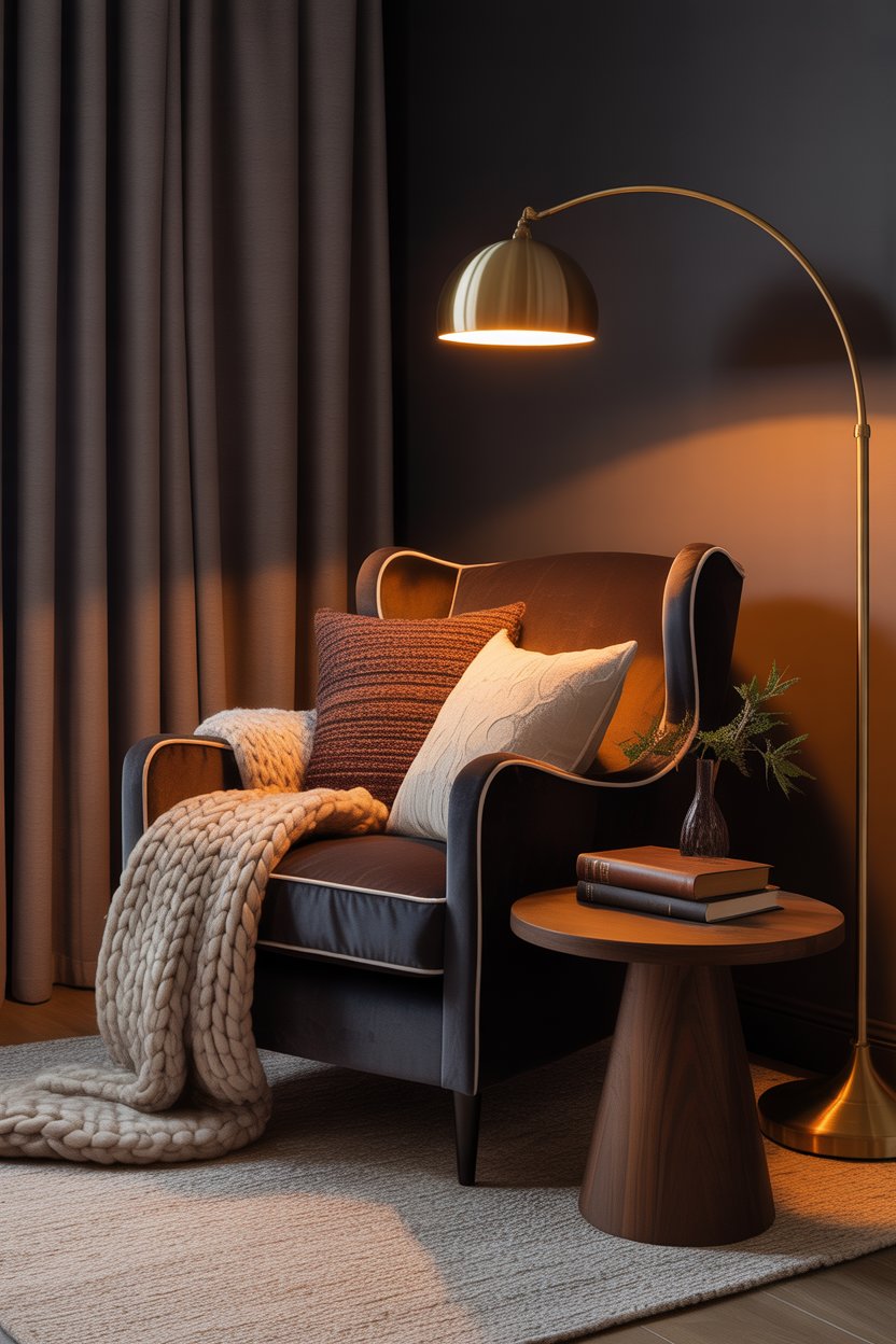 Boho reading corner, tiny living room, cozy chair, warm lamp light, soft aesthetic