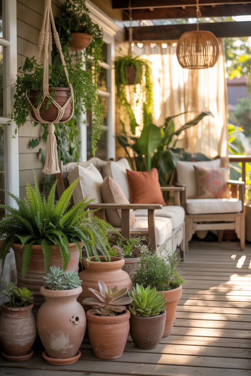 boho summer front porch flower pot ideas with terracotta