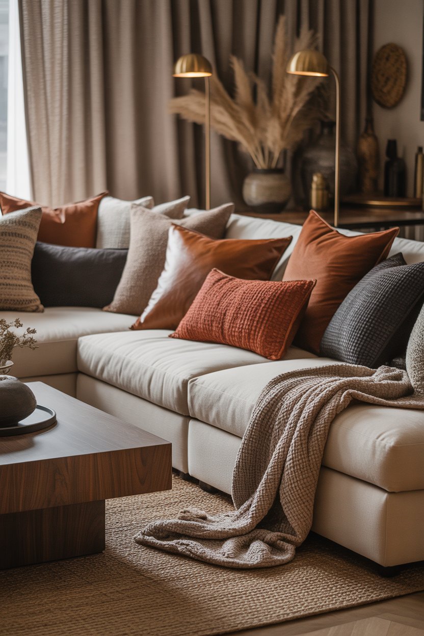 Cozy boho living room with layered textured pillows and warm