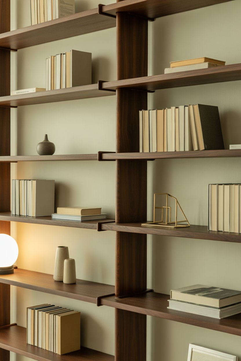 home office shelf styled with books and decor 