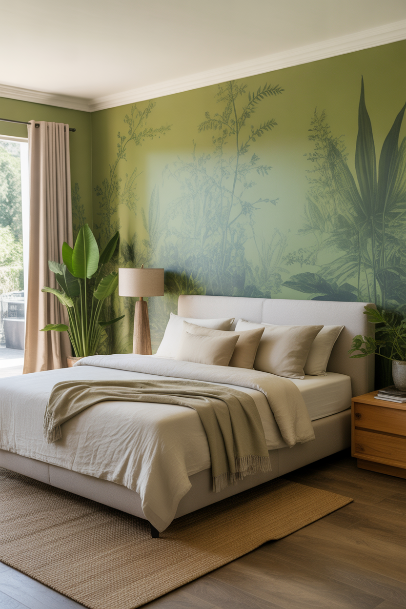 Green guest bedroom with botanical prints and natural wood furniture