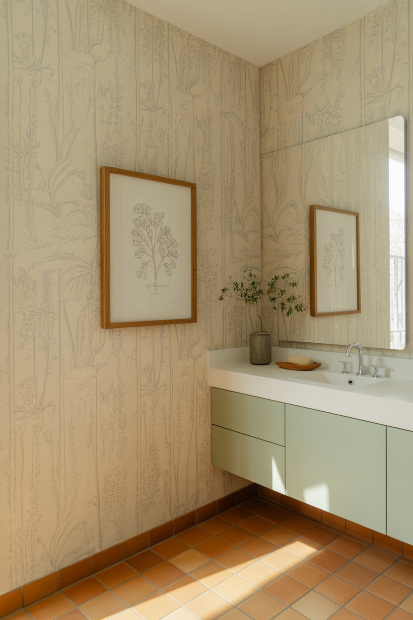 Vintage botanical illustration wallpaper in a powder room with sage green plant prints, terracotta floor tile, and white floating vanity