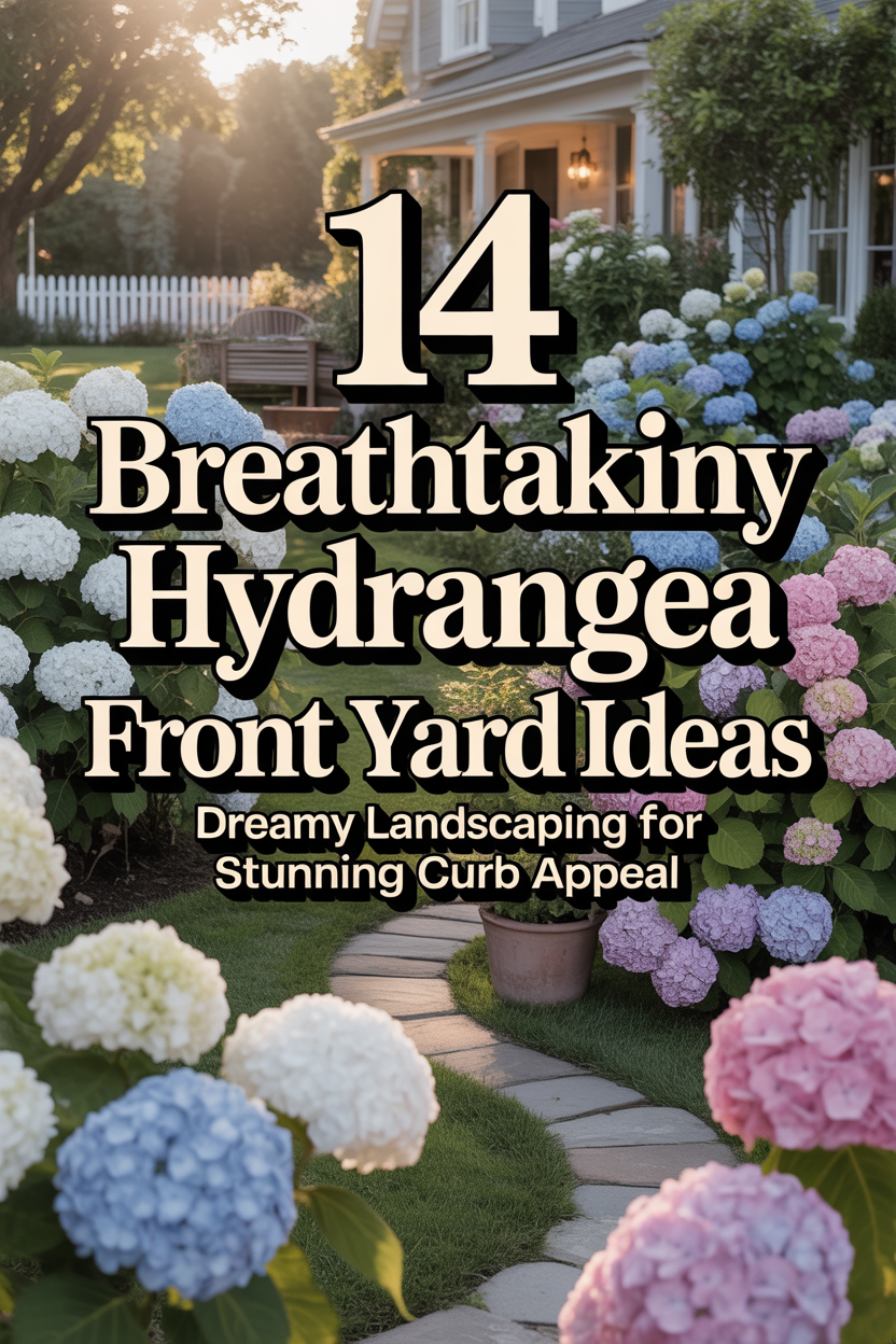 Breathtaking front yard filled with hydrangea flowers in white, blue, and pink tones, designed with a stone pathway and elegant landscaping for dreamy curb appea