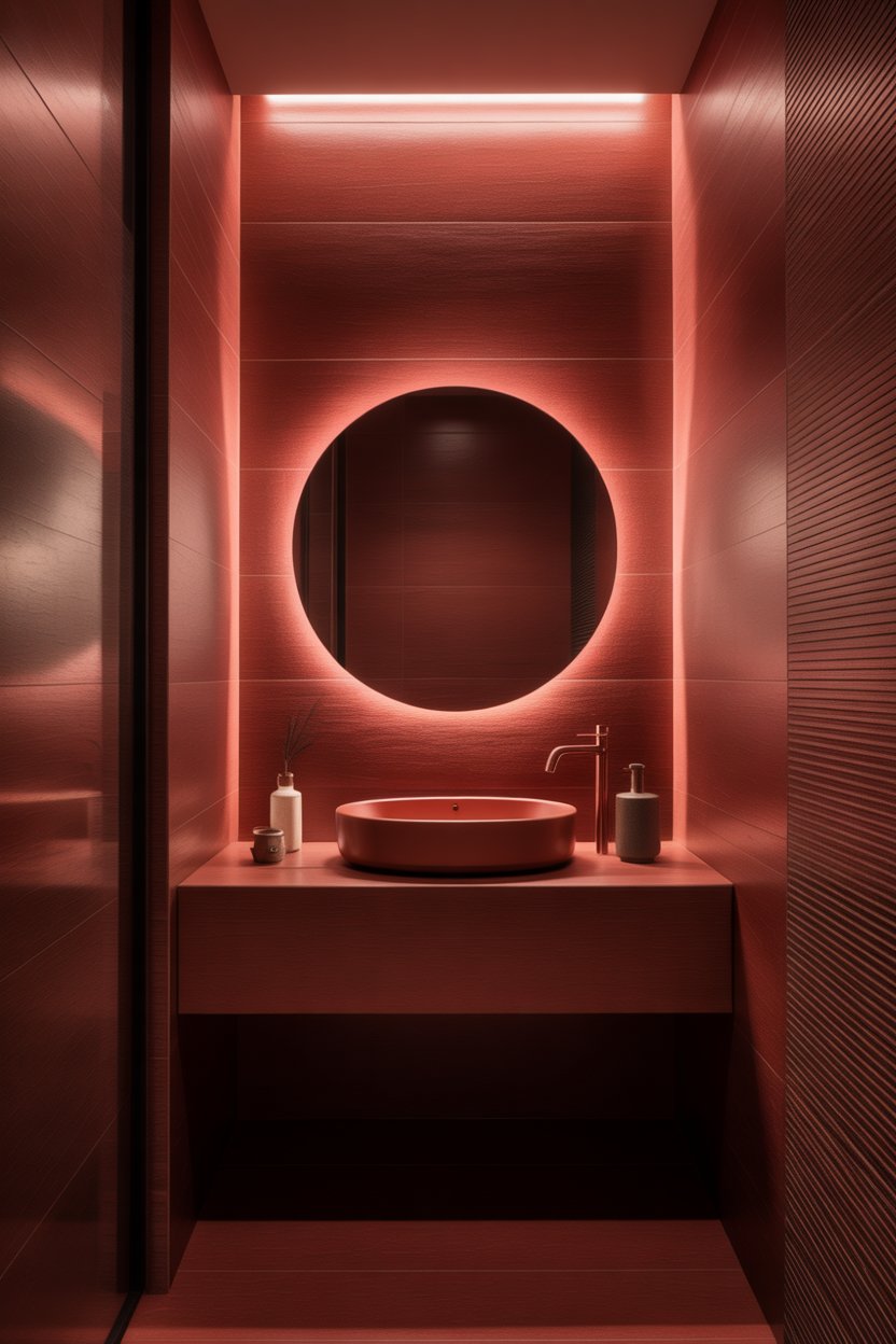 Budget red bathroom makeover with red bath mat, towels, soap dispenser, and art print on white walls