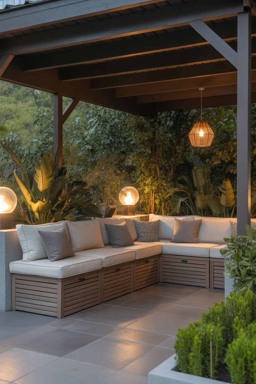 Built-in storage and seating ideas for a covered patio with cozy luxury vibe