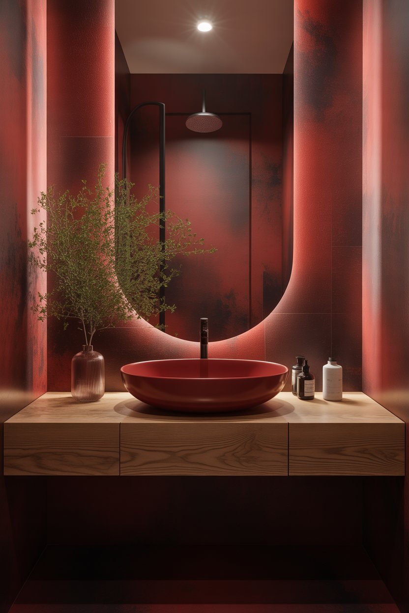 Bold red bathroom vanity with chrome hardware, white countertop, and white walls for a modern statement look