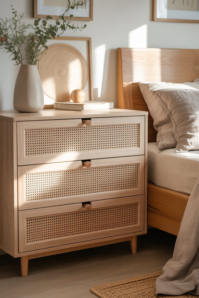 IKEA dresser with cane webbing drawer fronts creating a cozy natural bedroom look