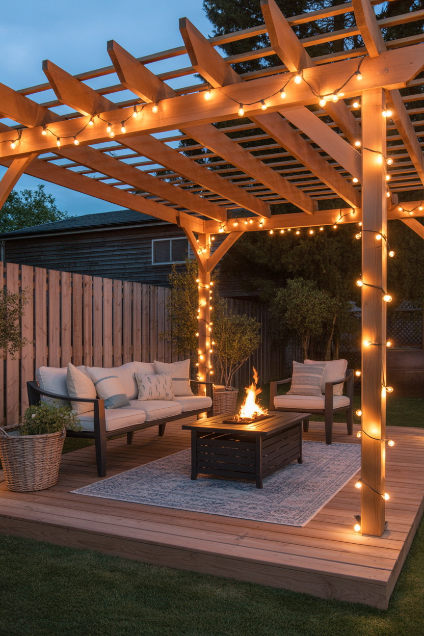 cedar pergola patio ideas with fairy lights, creating a cozy evening outdoor space