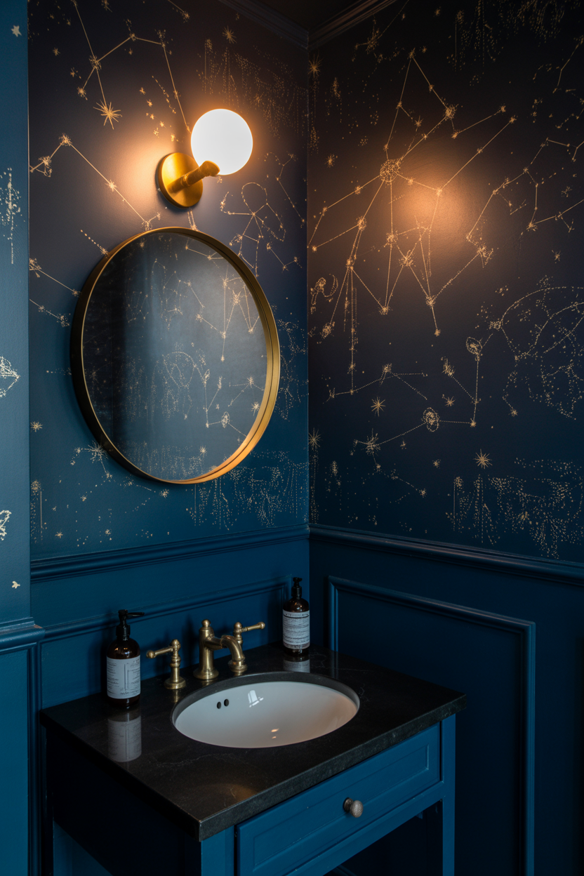 Deep navy celestial star chart wallpaper in a moody powder room with antique brass fixtures and a round mirror