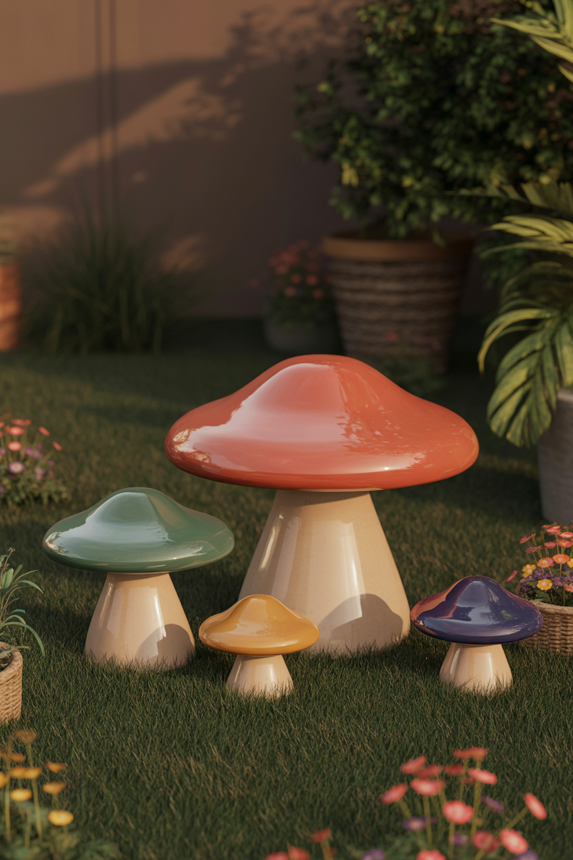 ceramic mushroom garden decor colorful, whimsical idea