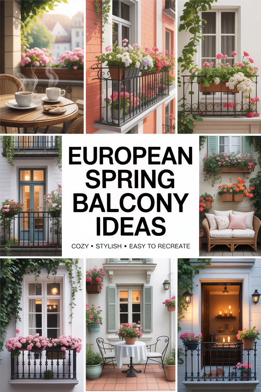 collage of European style spring balcony ideas with cozy seating flowers and pastel decor