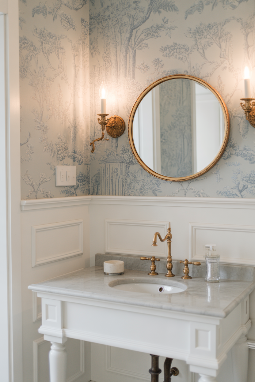 Soft blue chinoiserie wallpaper in a small powder room with white wainscoting and antique brass fixtures