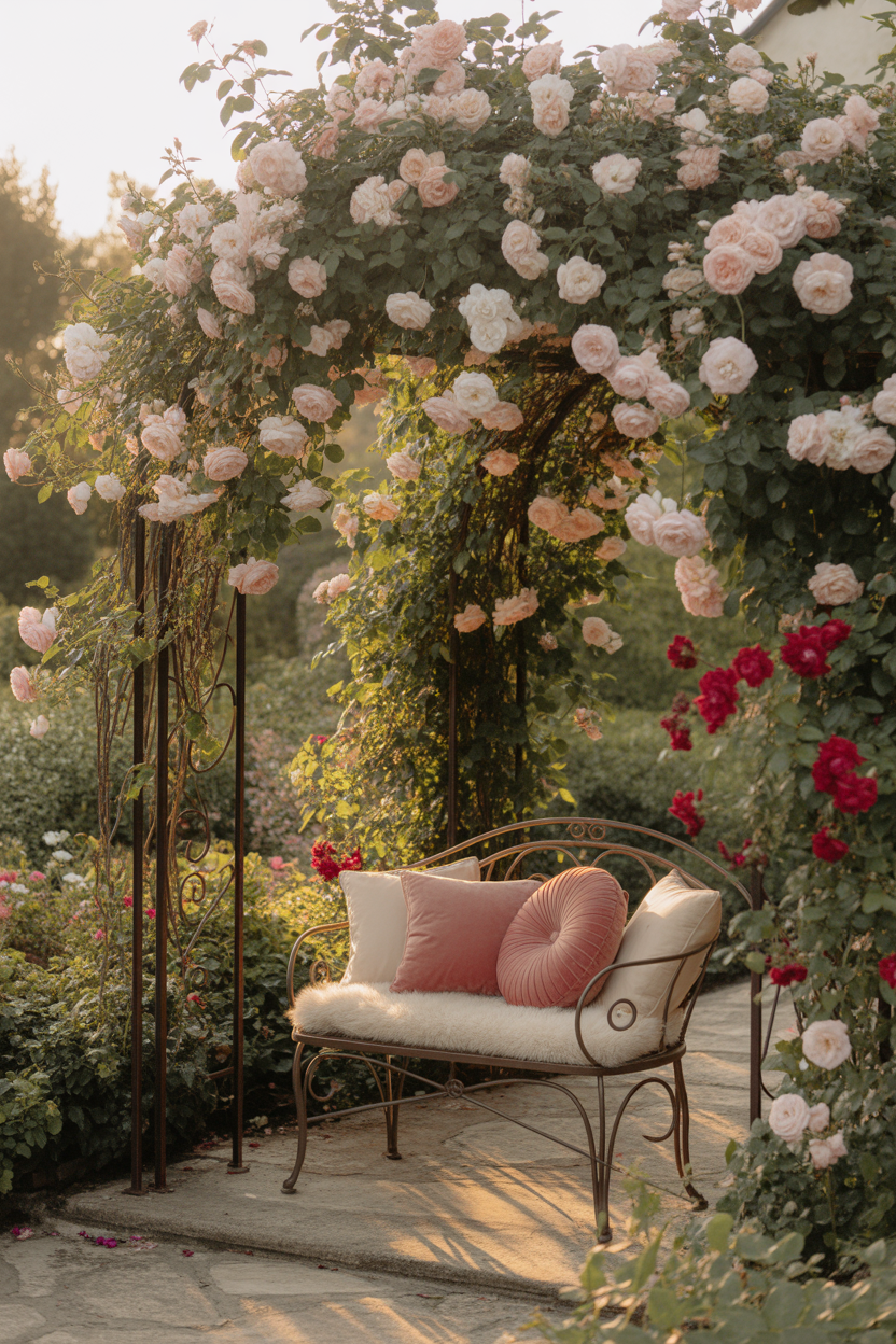 climbing roses pergola patio ideas with colorful romantic garden seating