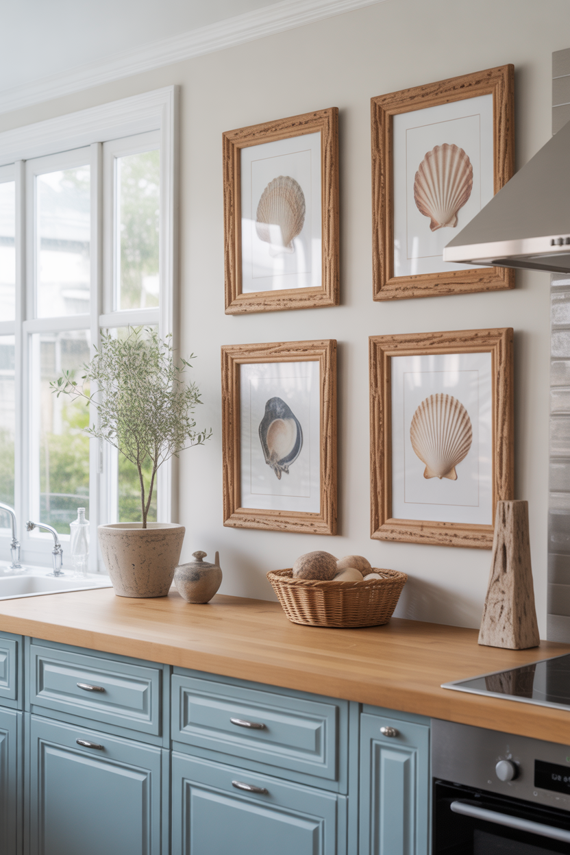 Coastal kitchen ideas featuring seashell wall art and driftwood frames
