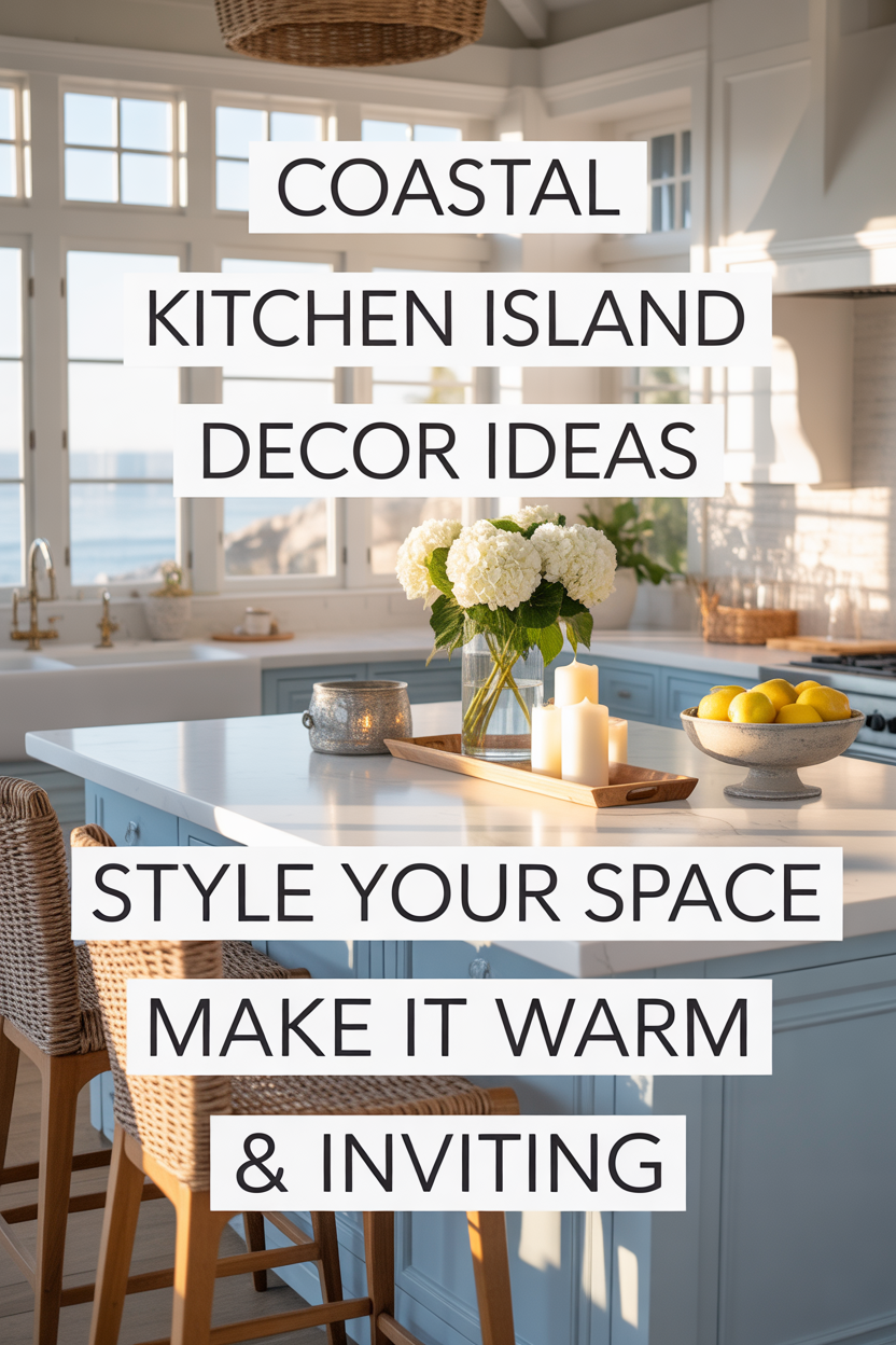 Coastal kitchen island decor ideas with soft blue cabinets, marble countertop, and warm inviting beach house styling