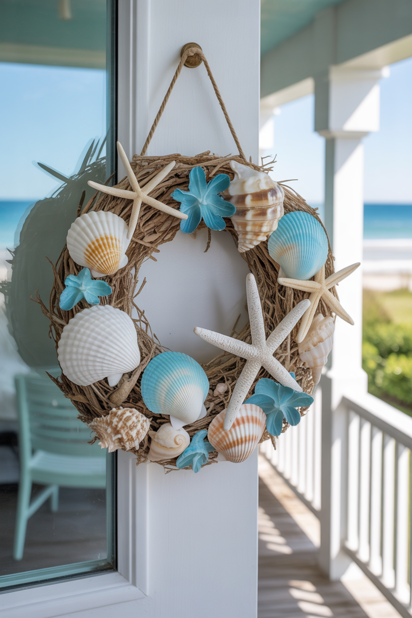Coastal summer door hanger ideas with seashells and beach decor