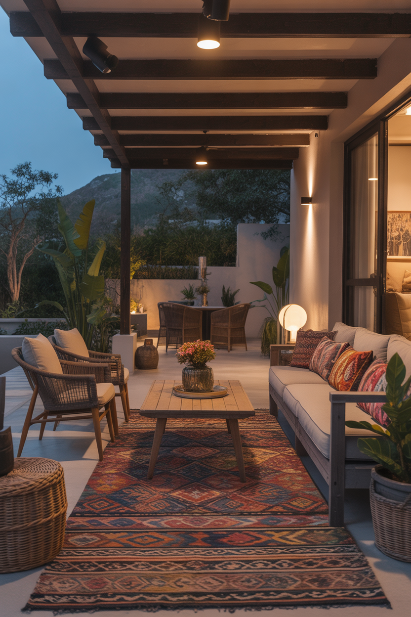 Colorful boho style ideas for a covered patio with cozy luxury vibes