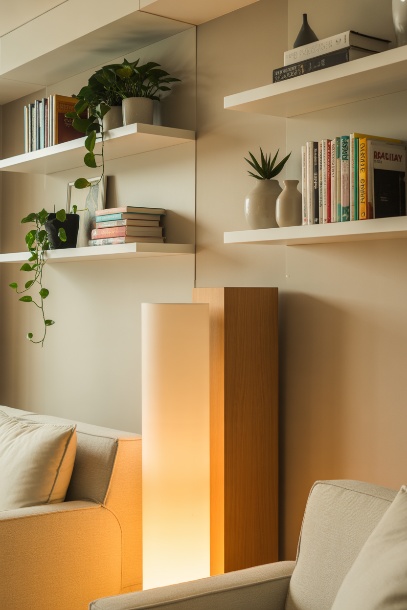 Corner floating shelf tower for aesthetic storage in a small room
