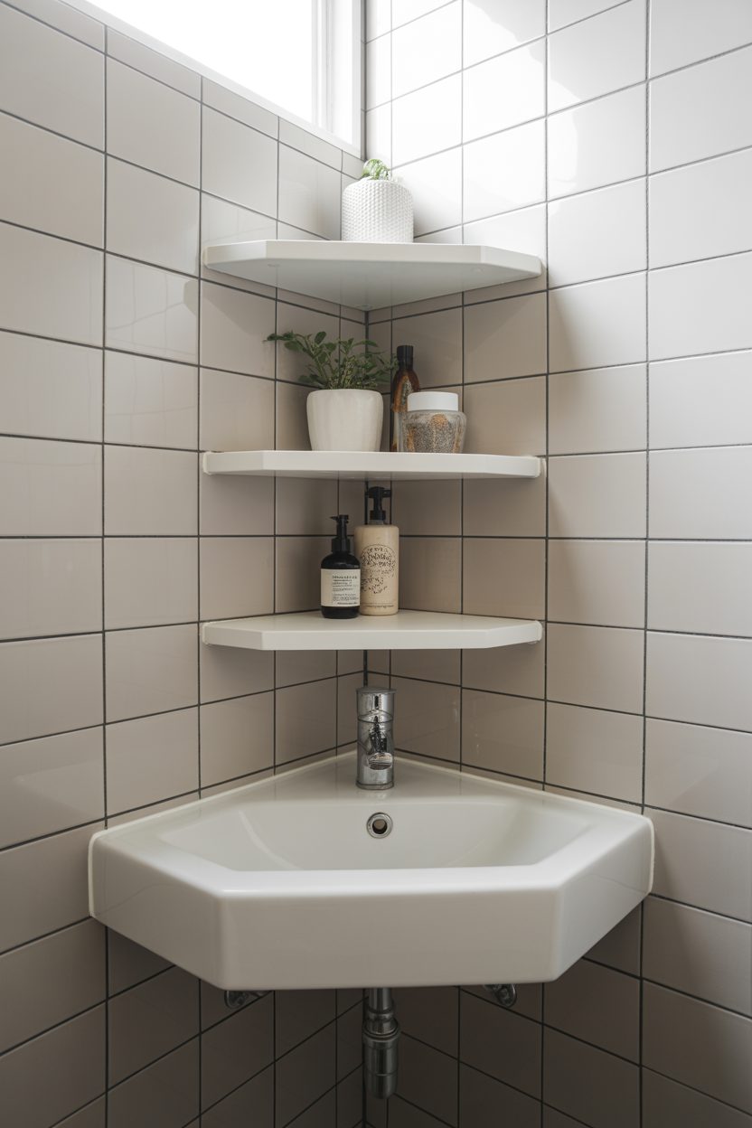 Modern small bathroom with white corner floating shelf holding toiletries and small plant, corner-mounted sink with chrome faucet, light gray tiles, bright natural lighting, clean minimal aesthetic, spa-like atmosphere