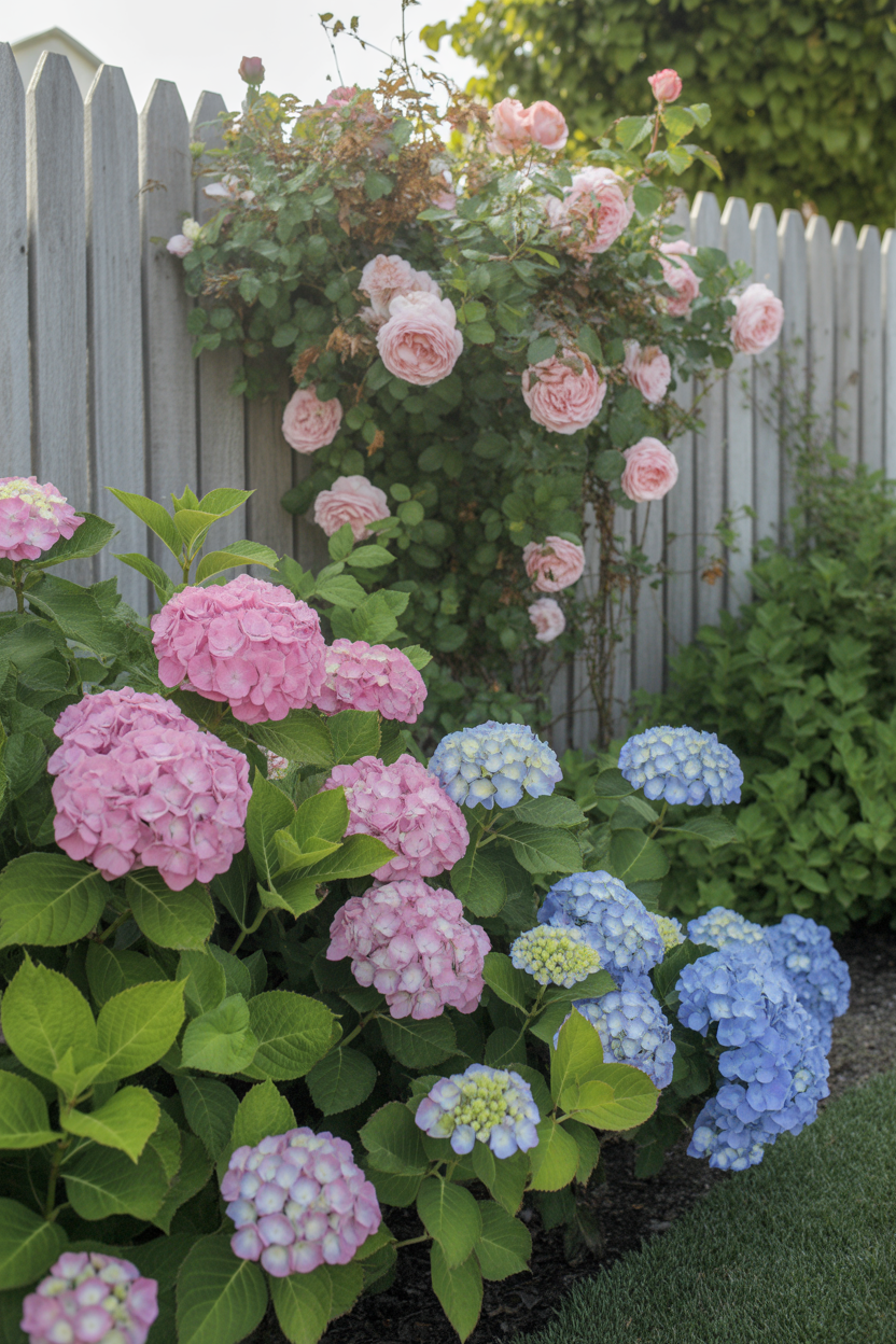 cottage style front yard hydrangea landscaping with romantic garden design