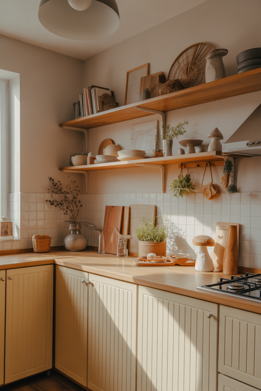 cozy cottagecore kitchen with mushroom decor and warm natural lighting