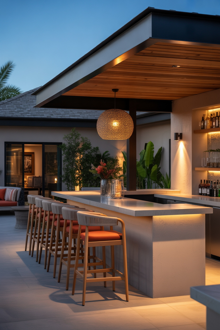 Outdoor bar ideas for a covered patio with cozy, luxury night vibes
