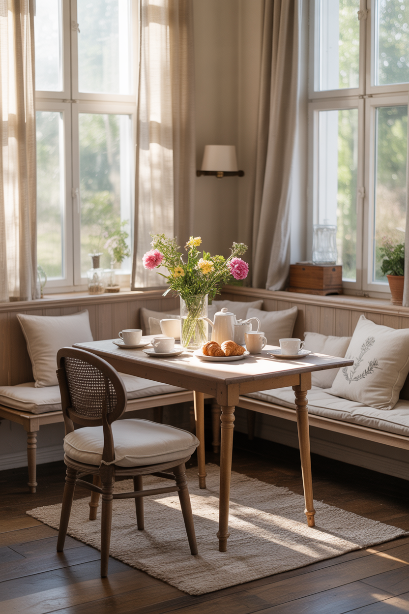 Cozy breakfast nook in farmhouse French kitchen