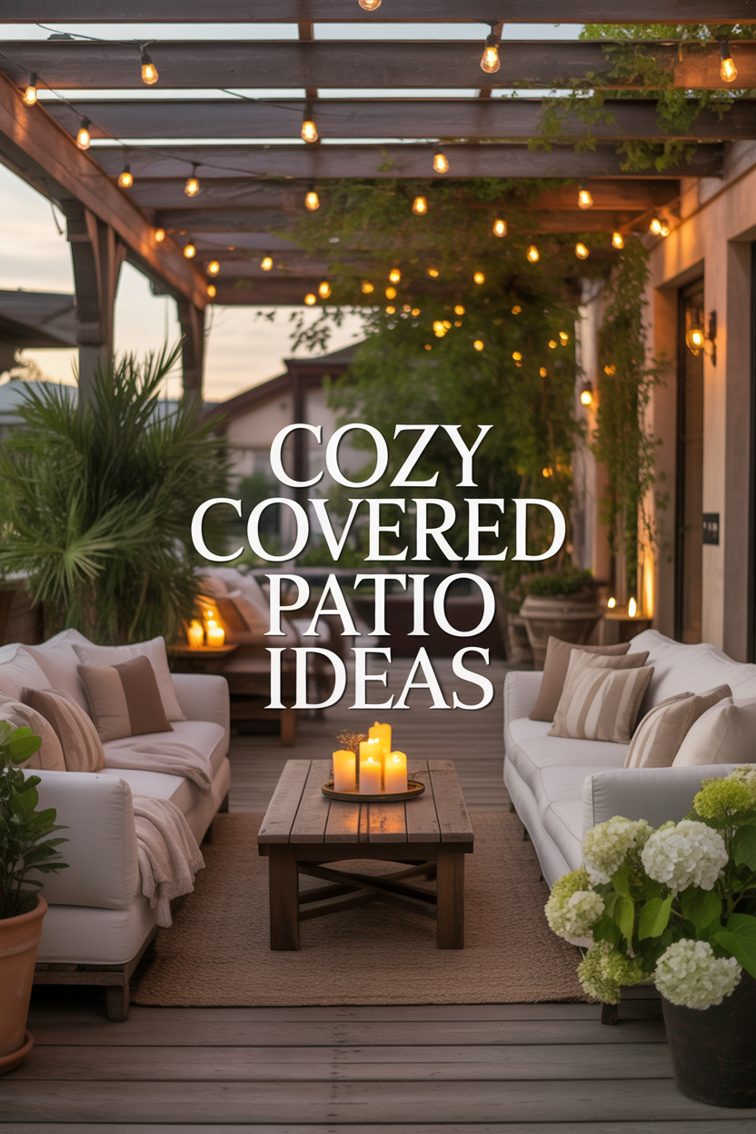 Cozy covered patio with soft seating, string lights, and warm outdoor decor ideas