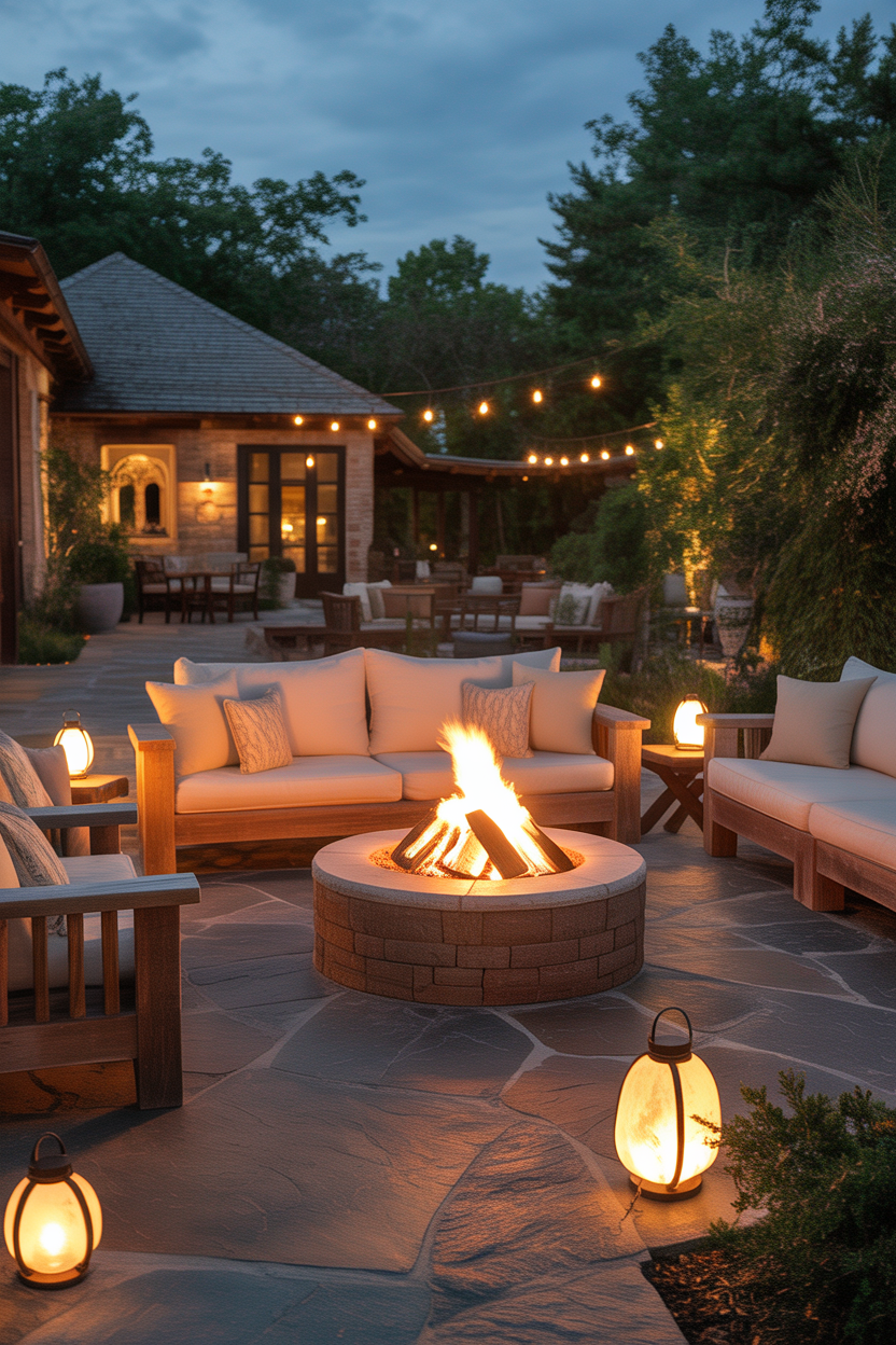 cozy flagstone patio design ideas with fire pit and seating area