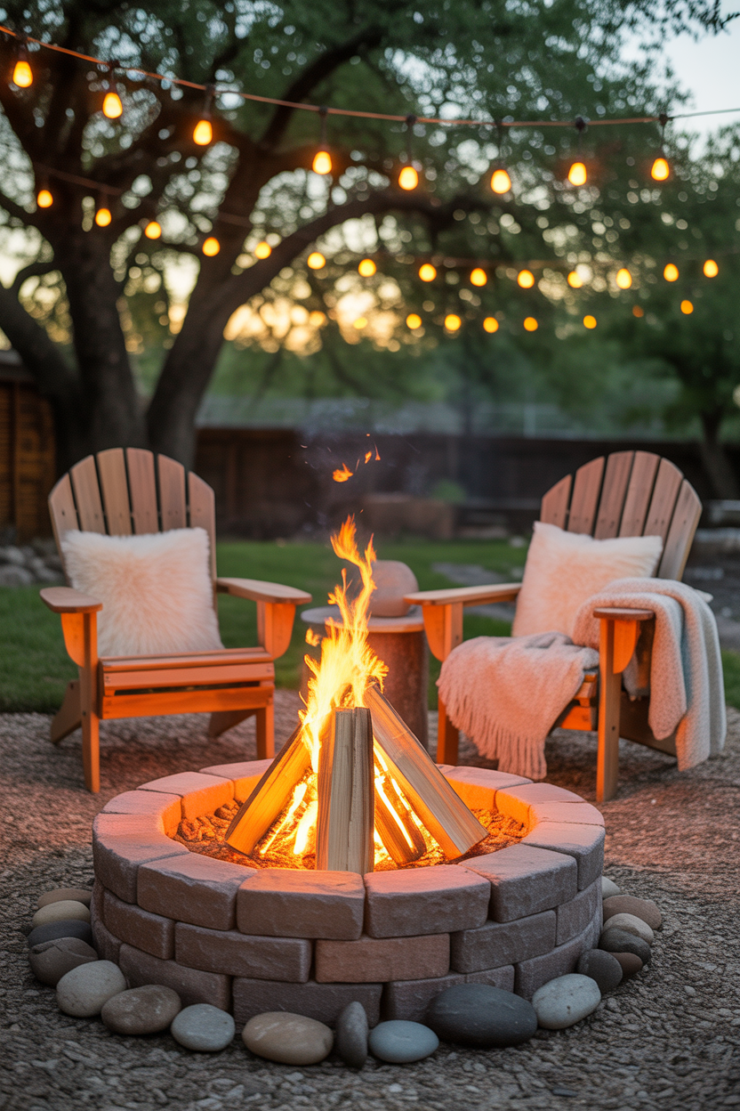 cozy gravel patio ideas with fire pit and warm lighting setup
