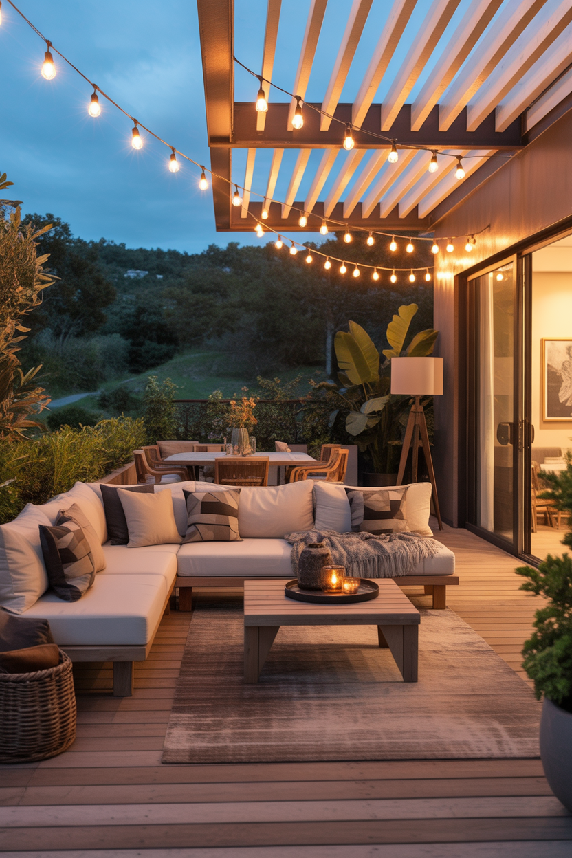 Cozy lounge seating ideas for a covered patio with warm night ambiance