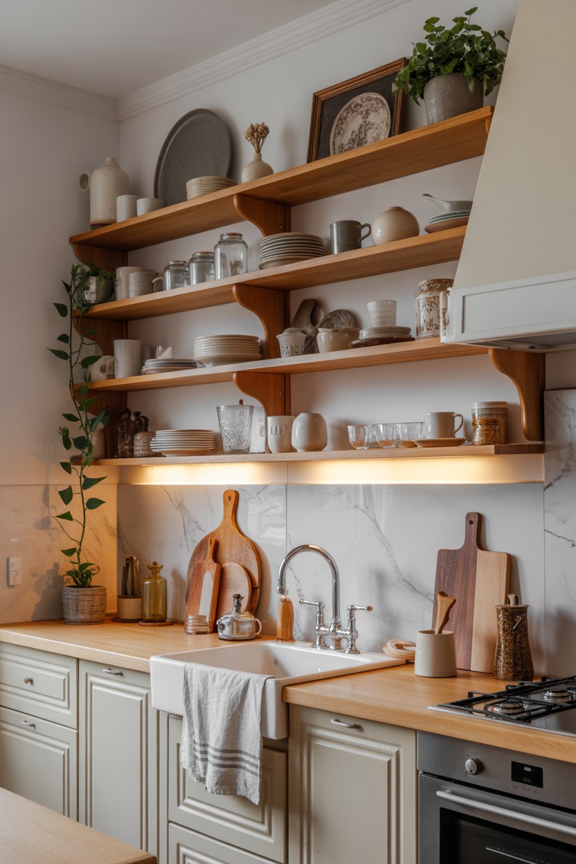 Open shelves styled in a French farmhouse kitchen
