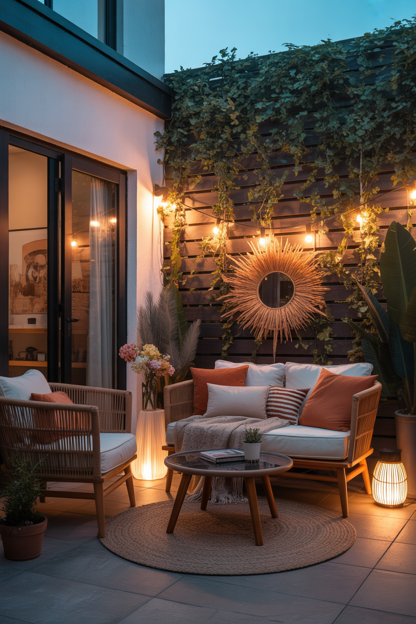 cozy small backyard ideas with warm seating and glowing lights