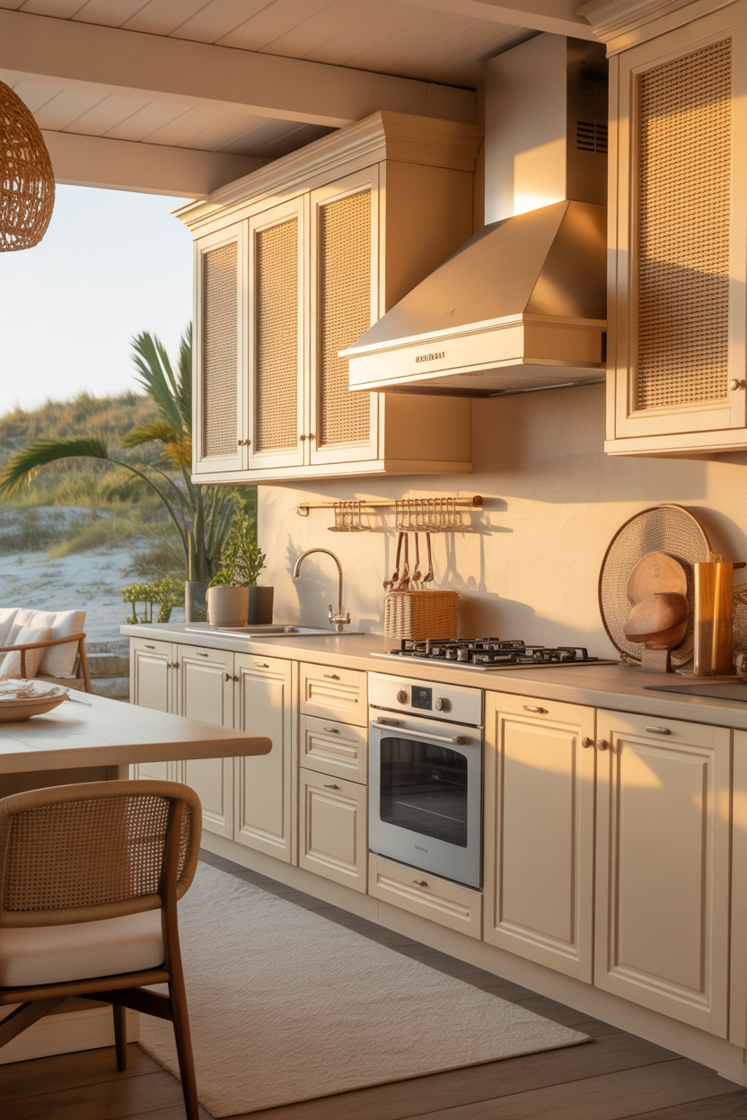 Cream coastal kitchen cabinets with warm neutral tones and soft beach style