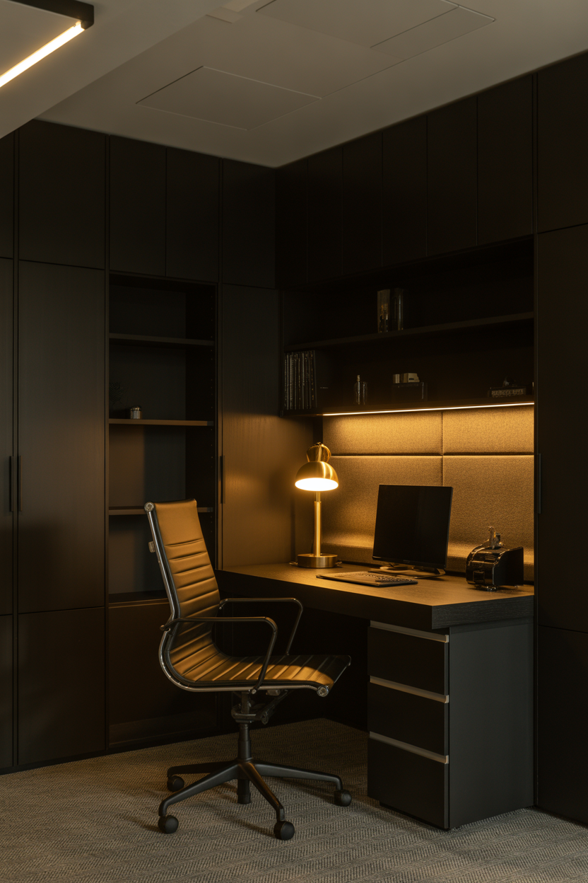 small office cubicle decor with wallpaper and warm lighting